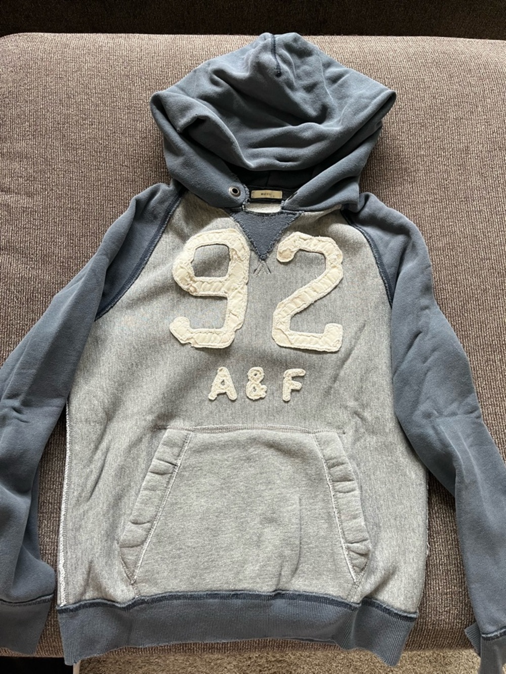 Abercrombie & Fitch Two-Tone Gray and Blue '92 Appliqué Crewneck Hoodie